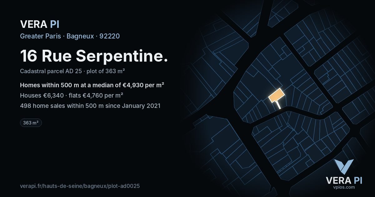 16 Rue Serpentine, Bagneux at night – the plot lit, the parcels around coloured by the prices near them