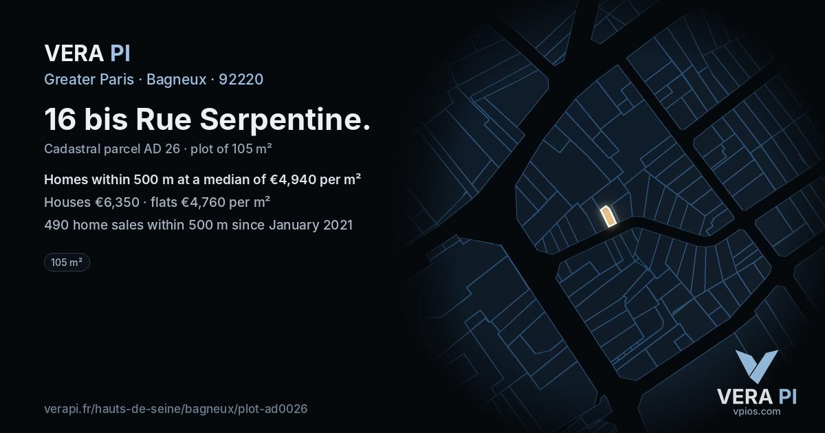 16 bis Rue Serpentine, Bagneux at night – the plot lit, the parcels around coloured by the prices near them