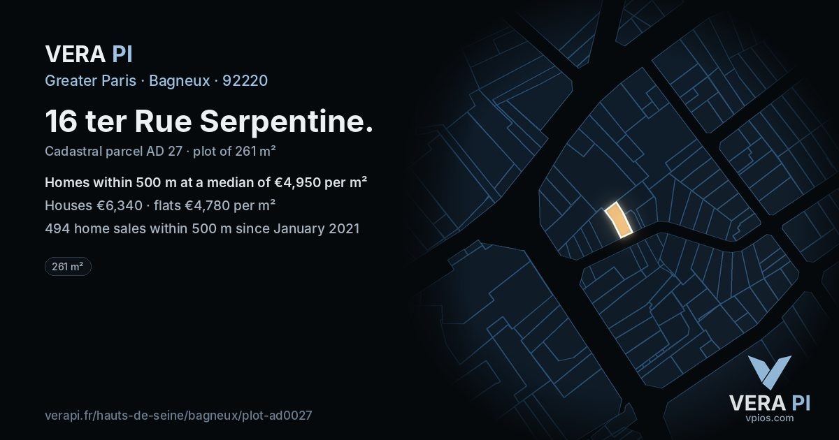 16 ter Rue Serpentine, Bagneux at night – the plot lit, the parcels around coloured by the prices near them