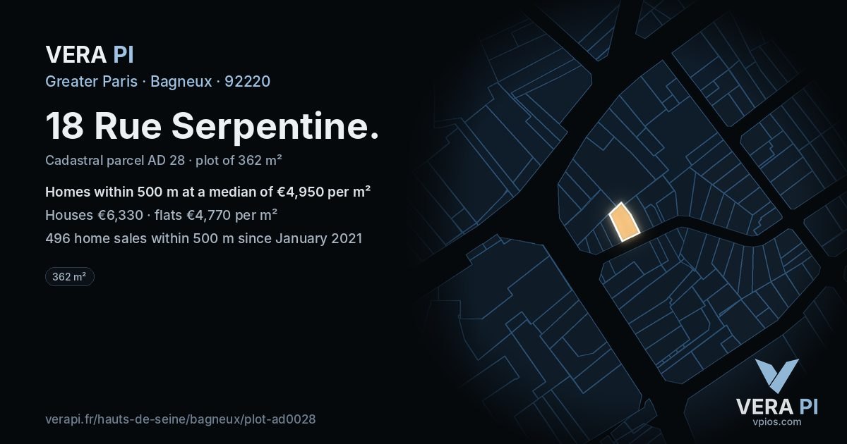 18 Rue Serpentine, Bagneux at night – the plot lit, the parcels around coloured by the prices near them