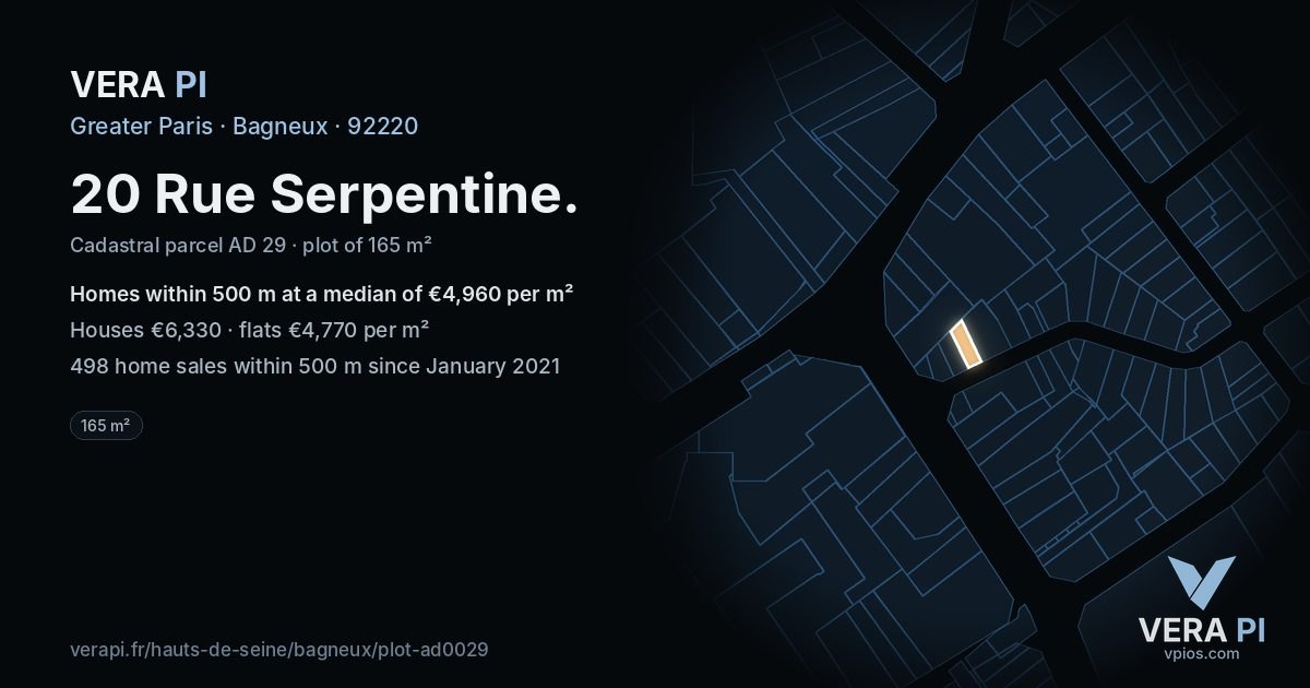 20 Rue Serpentine, Bagneux at night – the plot lit, the parcels around coloured by the prices near them