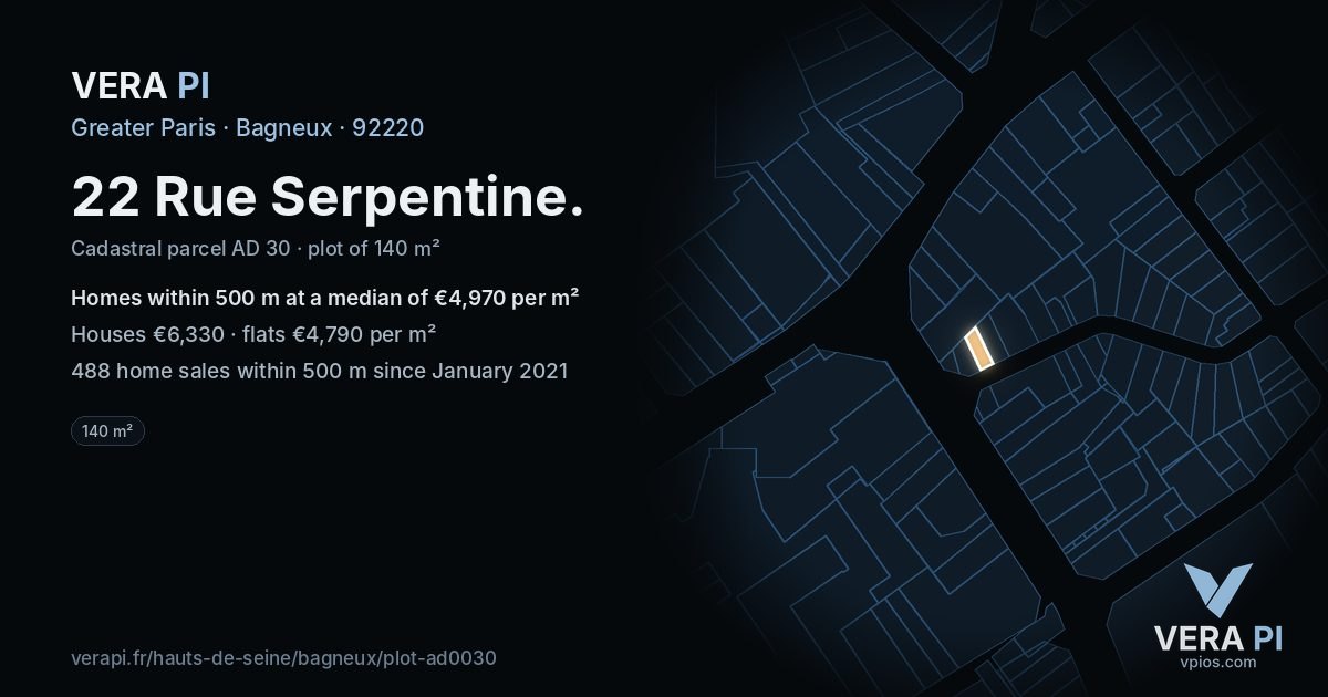 22 Rue Serpentine, Bagneux at night – the plot lit, the parcels around coloured by the prices near them