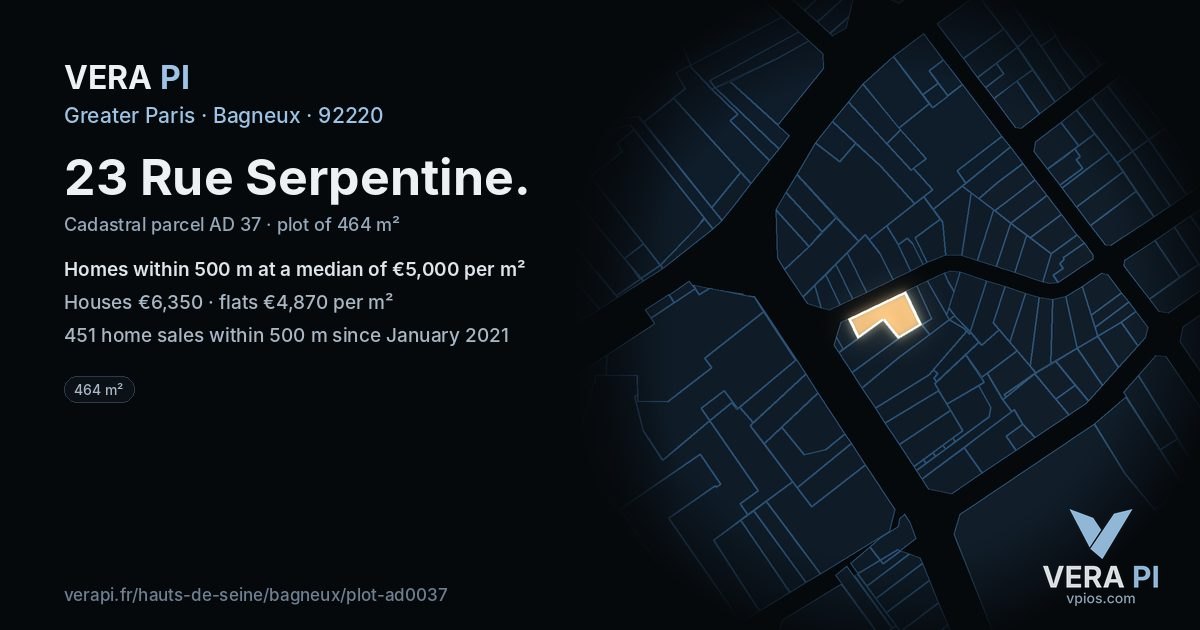 23 Rue Serpentine, Bagneux at night – the plot lit, the parcels around coloured by the prices near them