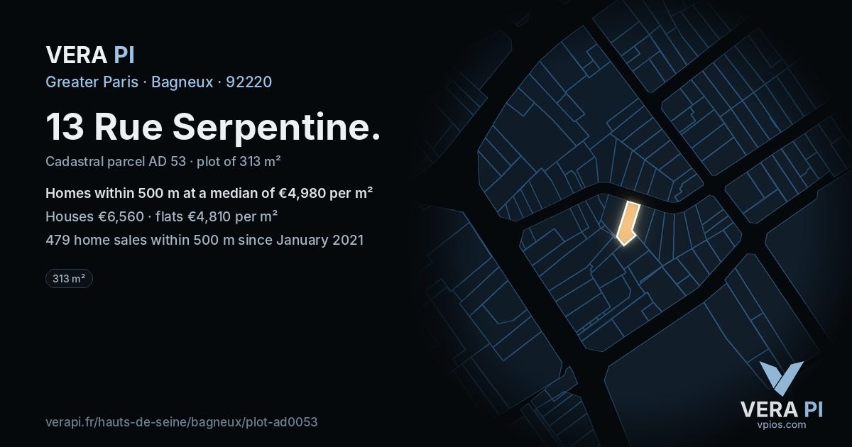 13 Rue Serpentine, Bagneux at night – the plot lit, the parcels around coloured by the prices near them