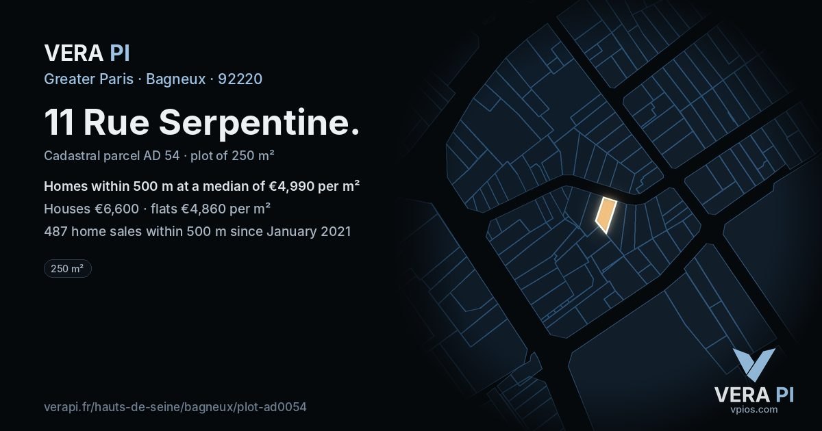 11 Rue Serpentine, Bagneux at night – the plot lit, the parcels around coloured by the prices near them