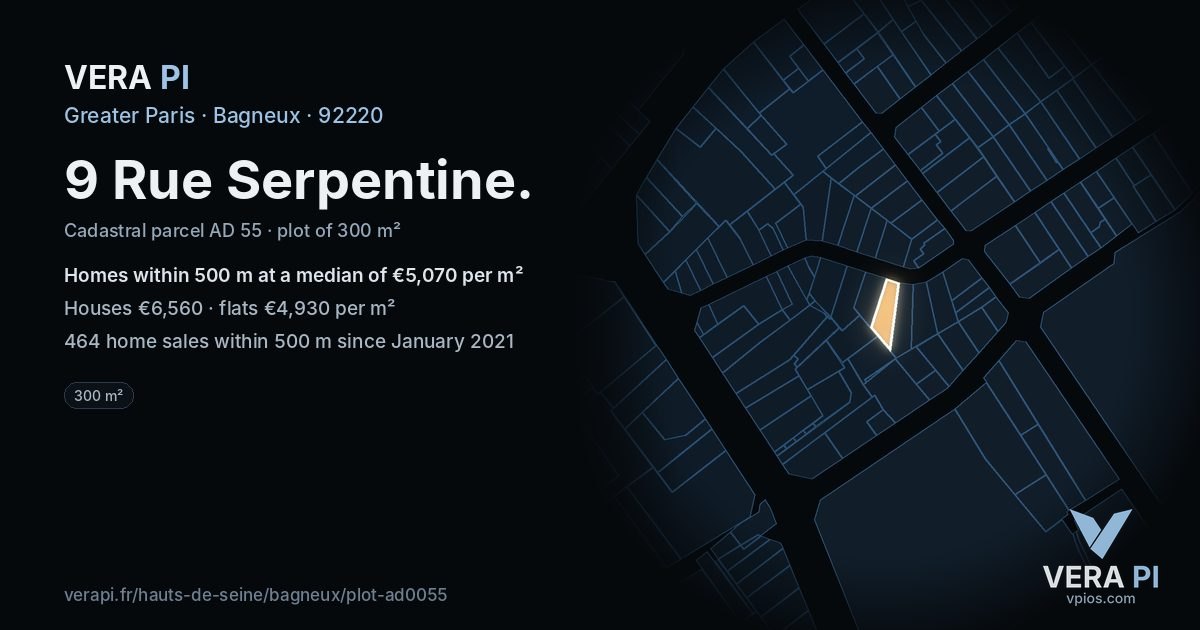 9 Rue Serpentine, Bagneux at night – the plot lit, the parcels around coloured by the prices near them