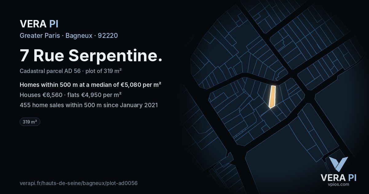 7 Rue Serpentine, Bagneux at night – the plot lit, the parcels around coloured by the prices near them