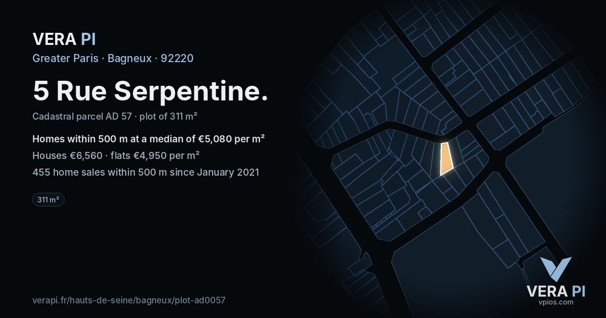 5 Rue Serpentine, Bagneux at night – the plot lit, the parcels around coloured by the prices near them