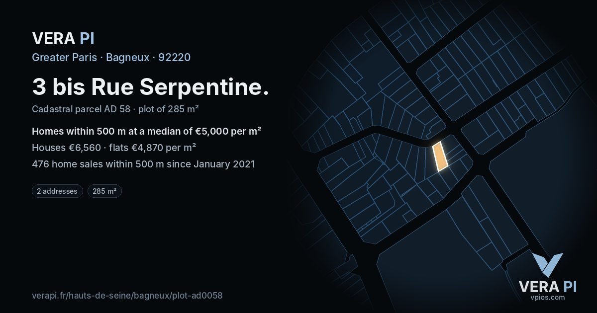 3 bis Rue Serpentine, Bagneux at night – the plot lit, the parcels around coloured by the prices near them