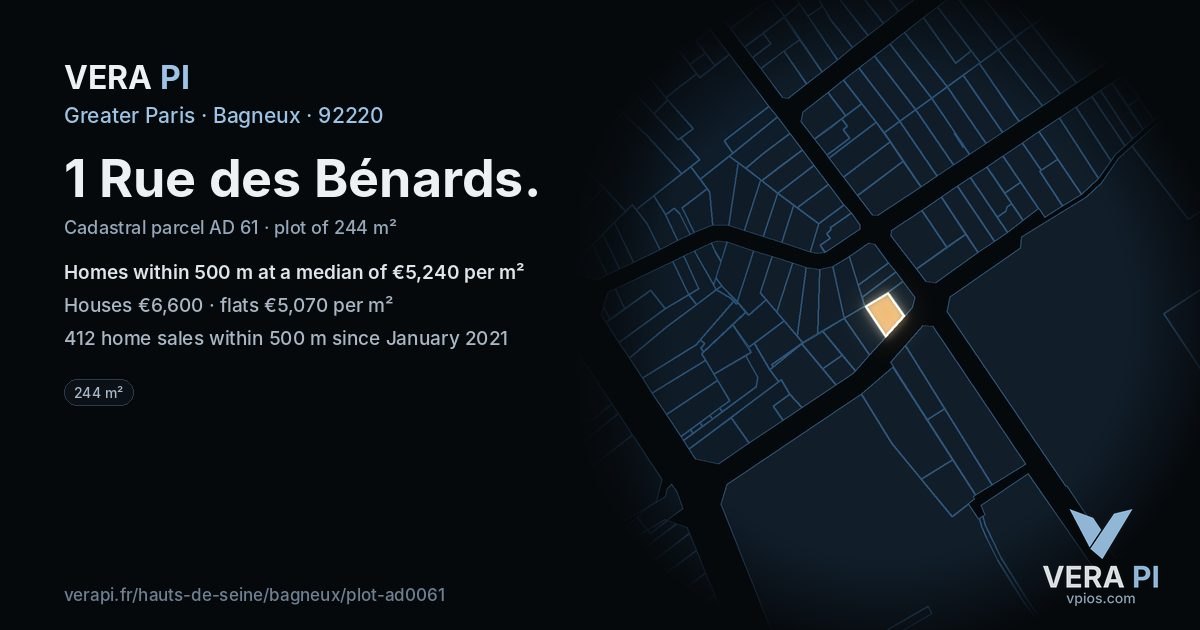 1 Rue des Bénards, Bagneux at night – the plot lit, the parcels around coloured by the prices near them