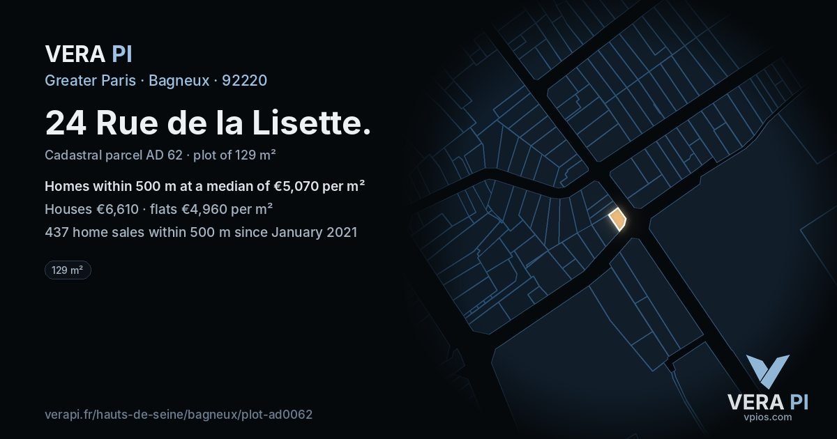 24 Rue de la Lisette, Bagneux at night – the plot lit, the parcels around coloured by the prices near them