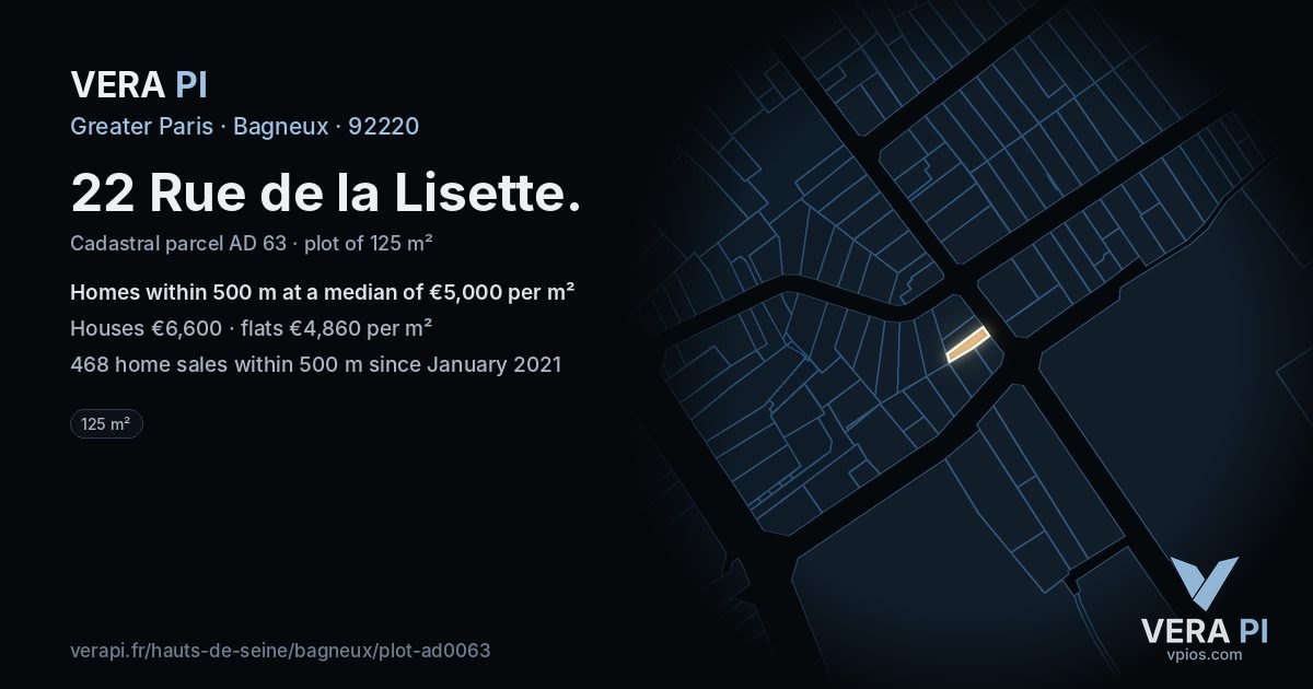 22 Rue de la Lisette, Bagneux at night – the plot lit, the parcels around coloured by the prices near them
