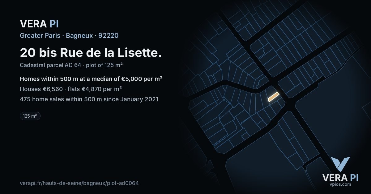 20 bis Rue de la Lisette, Bagneux at night – the plot lit, the parcels around coloured by the prices near them