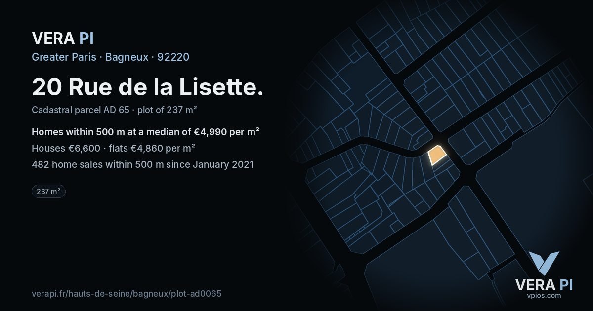 20 Rue de la Lisette, Bagneux at night – the plot lit, the parcels around coloured by the prices near them
