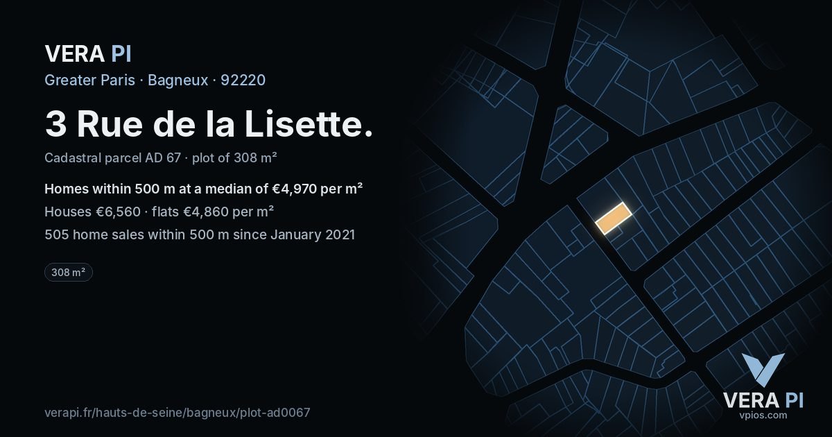 3 Rue de la Lisette, Bagneux at night – the plot lit, the parcels around coloured by the prices near them