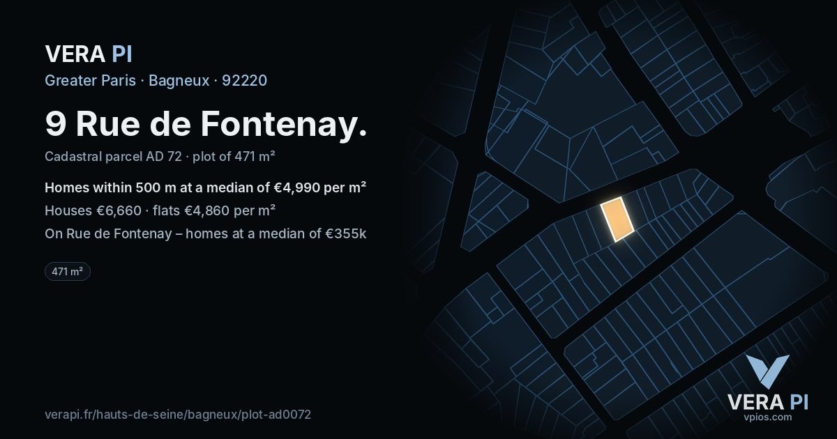 9 Rue de Fontenay, Bagneux at night – the plot lit, the parcels around coloured by the prices near them