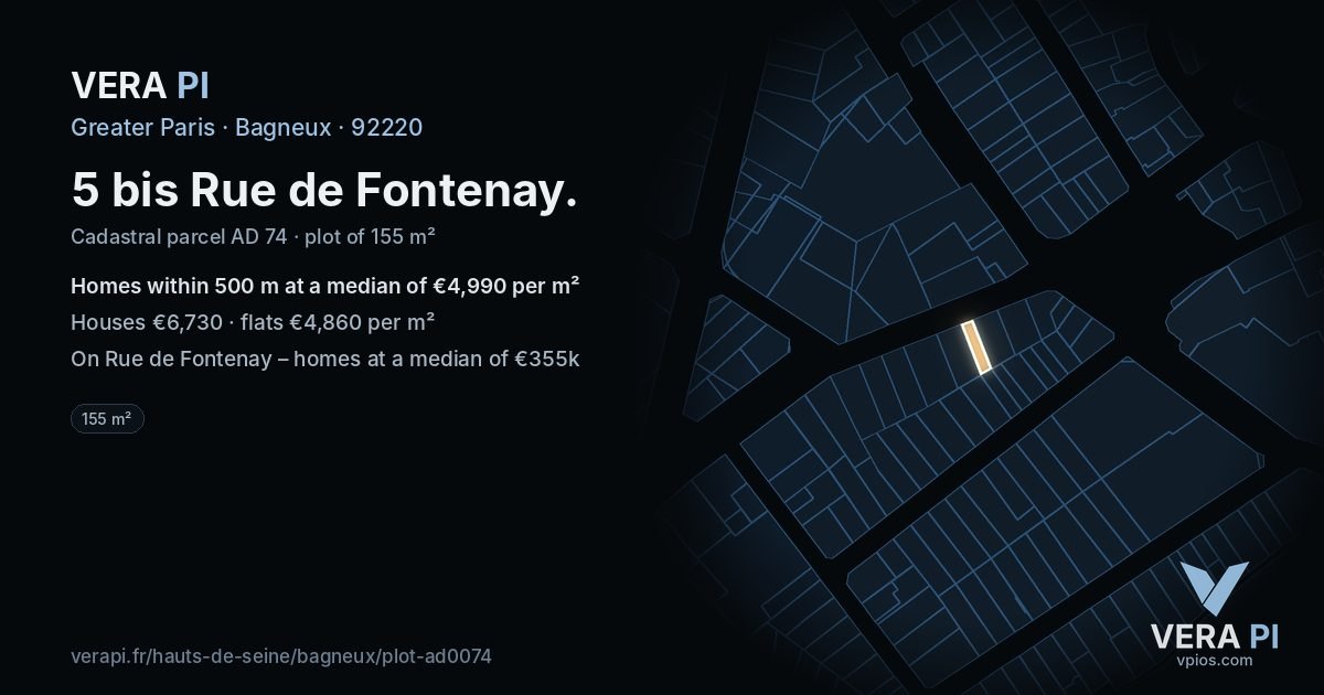 5 bis Rue de Fontenay, Bagneux at night – the plot lit, the parcels around coloured by the prices near them