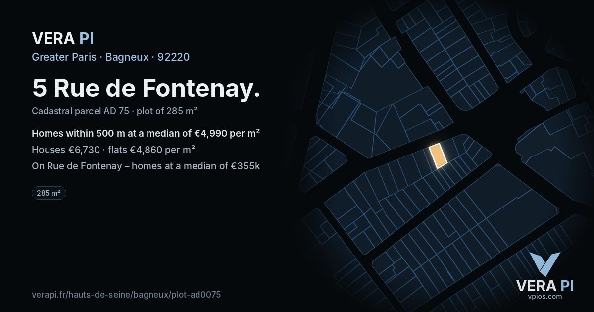 5 Rue de Fontenay, Bagneux at night – the plot lit, the parcels around coloured by the prices near them