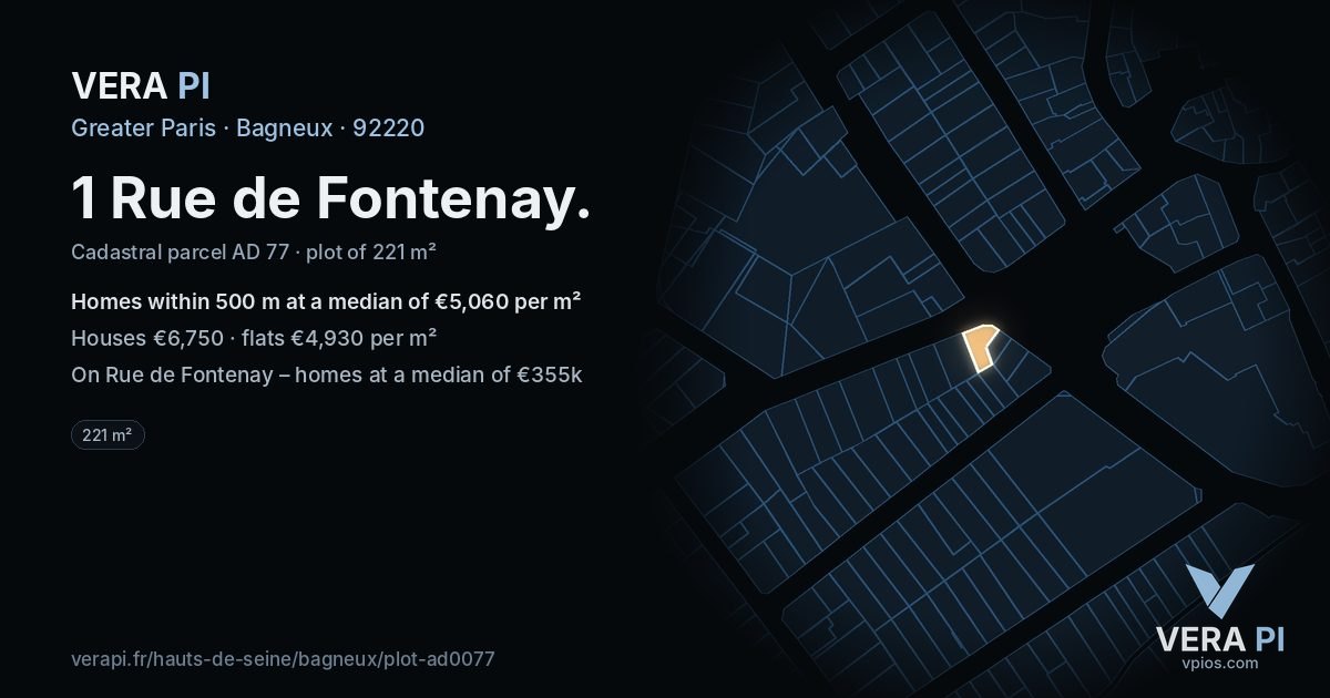 1 Rue de Fontenay, Bagneux at night – the plot lit, the parcels around coloured by the prices near them