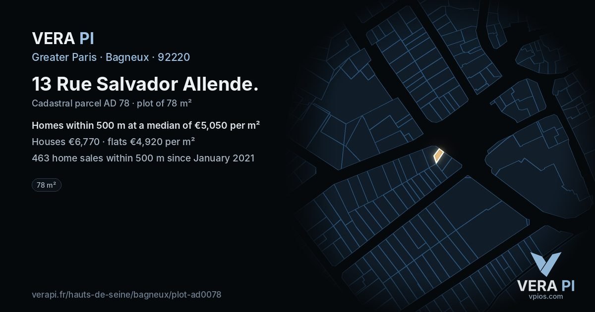 13 Rue Salvador Allende, Bagneux at night – the plot lit, the parcels around coloured by the prices near them