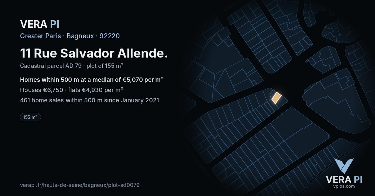 11 Rue Salvador Allende, Bagneux at night – the plot lit, the parcels around coloured by the prices near them
