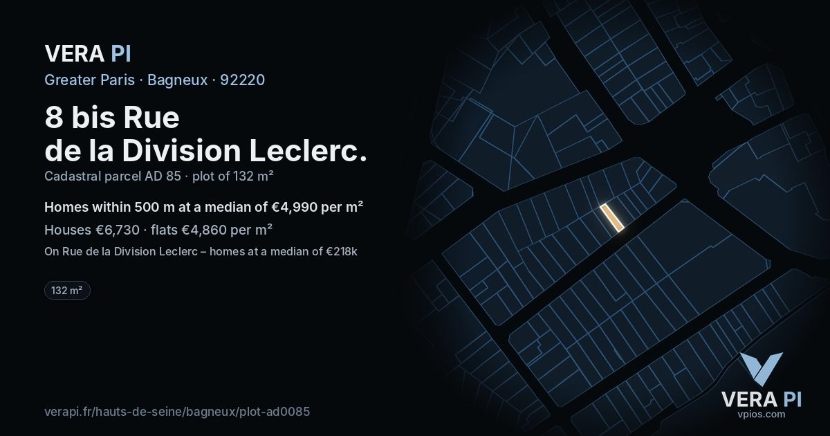 8 bis Rue de la Division Leclerc, Bagneux at night – the plot lit, the parcels around coloured by the prices near them