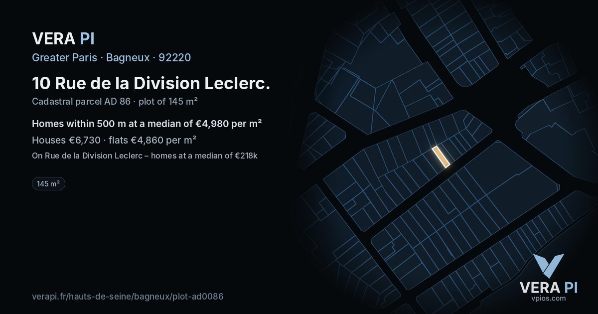 10 Rue de la Division Leclerc, Bagneux at night – the plot lit, the parcels around coloured by the prices near them
