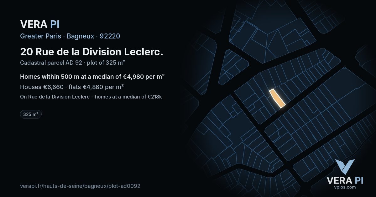 20 Rue de la Division Leclerc, Bagneux at night – the plot lit, the parcels around coloured by the prices near them