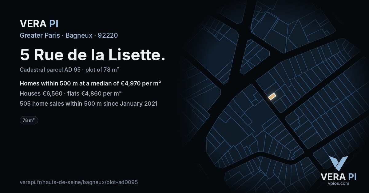 5 Rue de la Lisette, Bagneux at night – the plot lit, the parcels around coloured by the prices near them