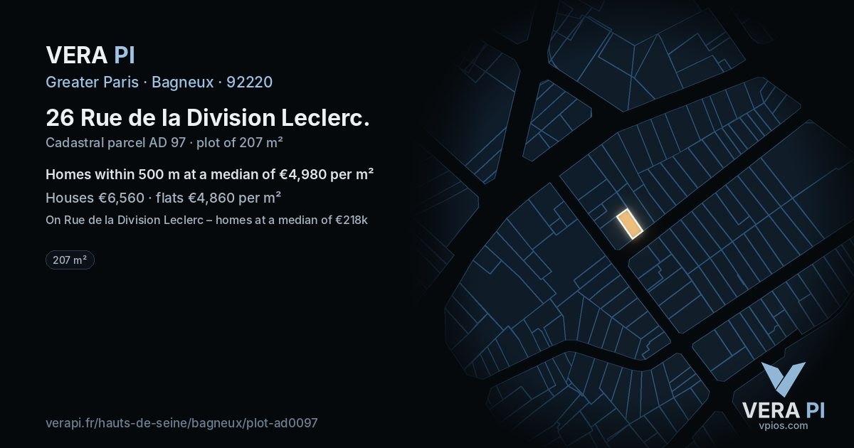 26 Rue de la Division Leclerc, Bagneux at night – the plot lit, the parcels around coloured by the prices near them