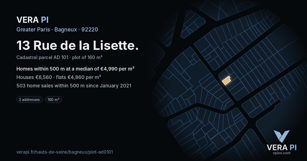 13 Rue de la Lisette, Bagneux at night – the plot lit, the parcels around coloured by the prices near them