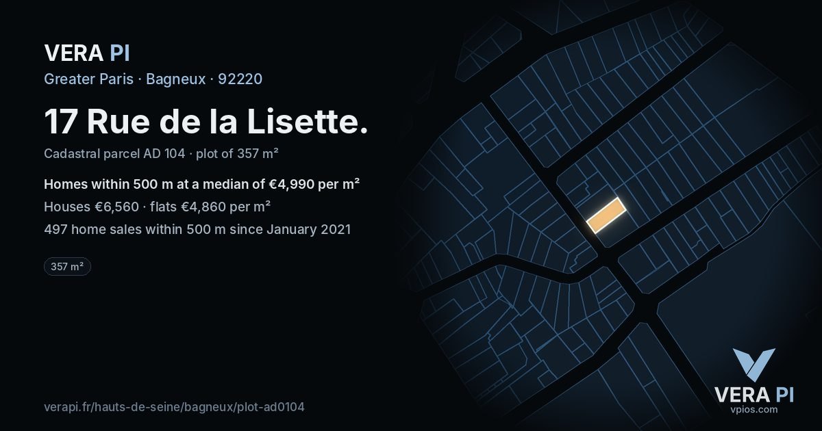 17 Rue de la Lisette, Bagneux at night – the plot lit, the parcels around coloured by the prices near them