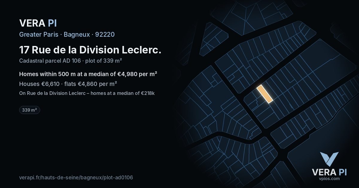 17 Rue de la Division Leclerc, Bagneux at night – the plot lit, the parcels around coloured by the prices near them