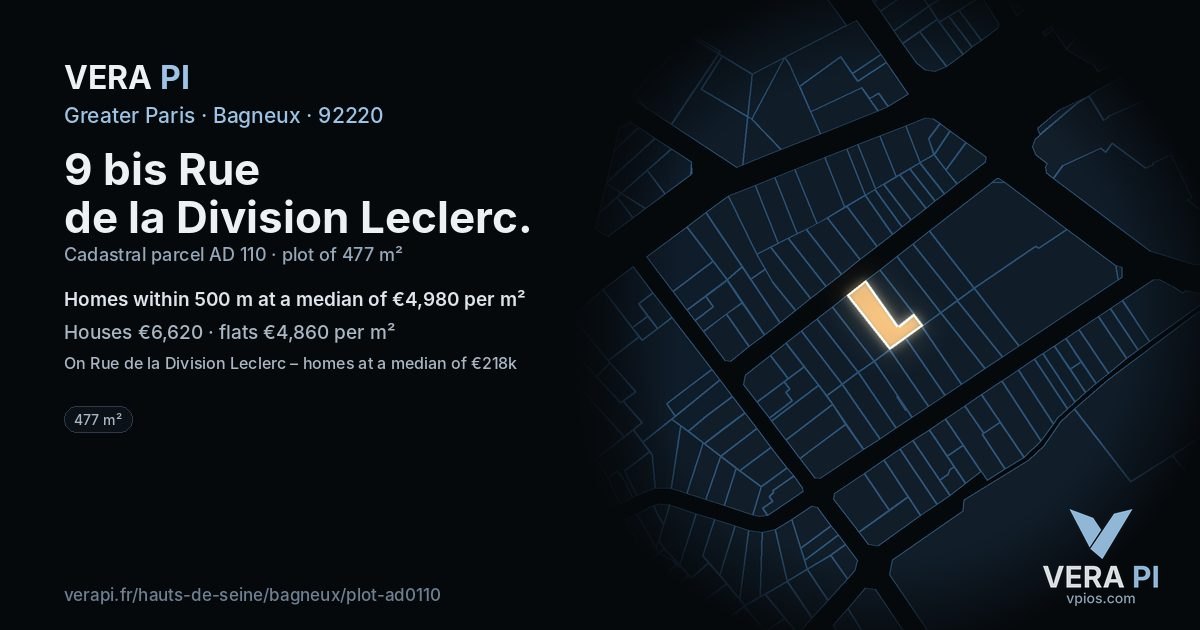 9 bis Rue de la Division Leclerc, Bagneux at night – the plot lit, the parcels around coloured by the prices near them