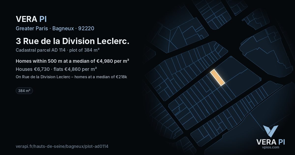 3 Rue de la Division Leclerc, Bagneux at night – the plot lit, the parcels around coloured by the prices near them