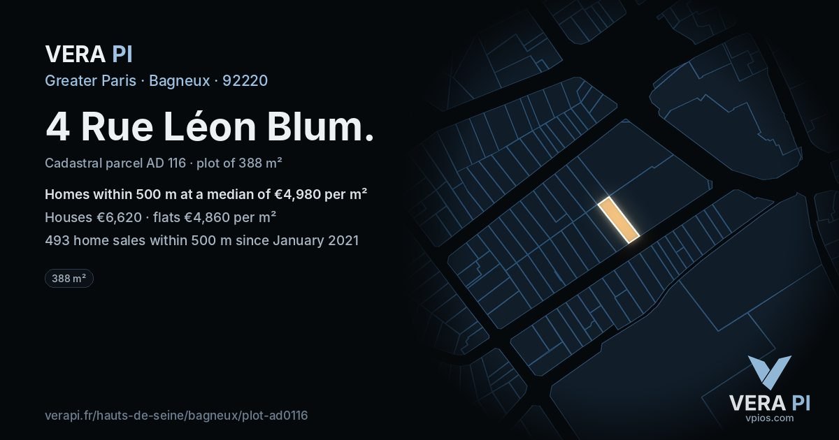 4 Rue Léon Blum, Bagneux at night – the plot lit, the parcels around coloured by the prices near them
