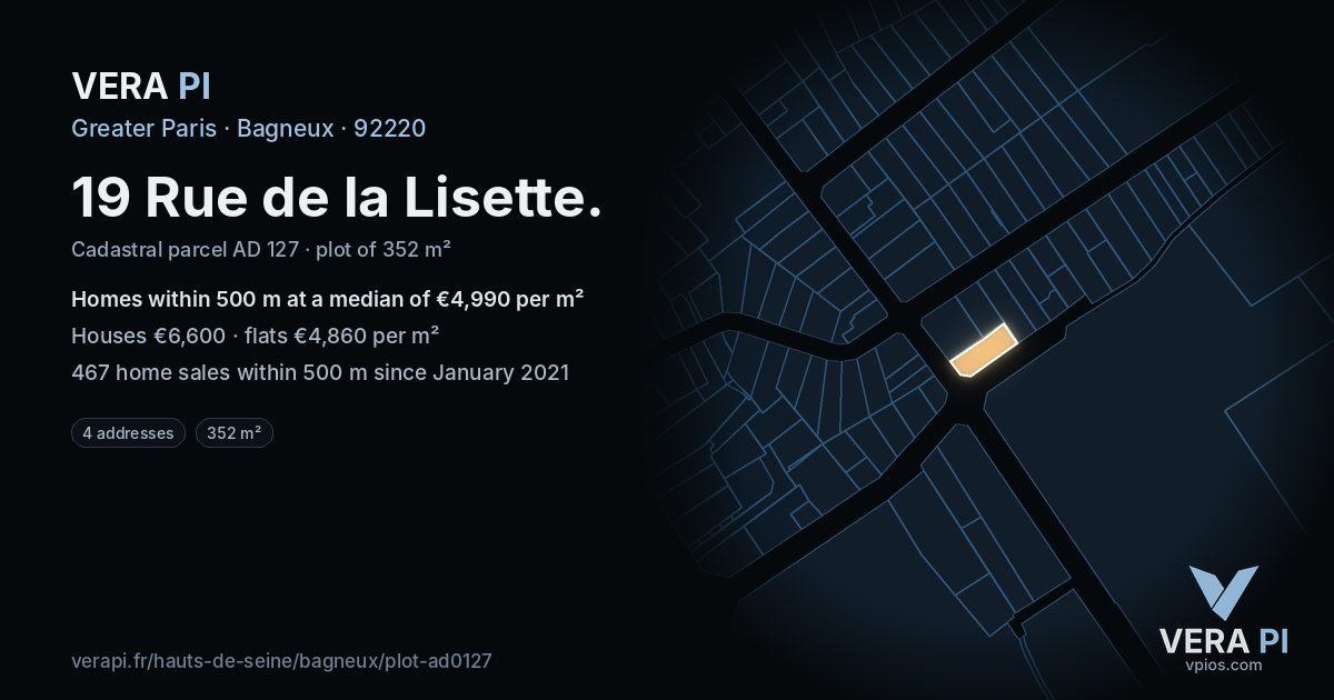 19 Rue de la Lisette, Bagneux at night – the plot lit, the parcels around coloured by the prices near them