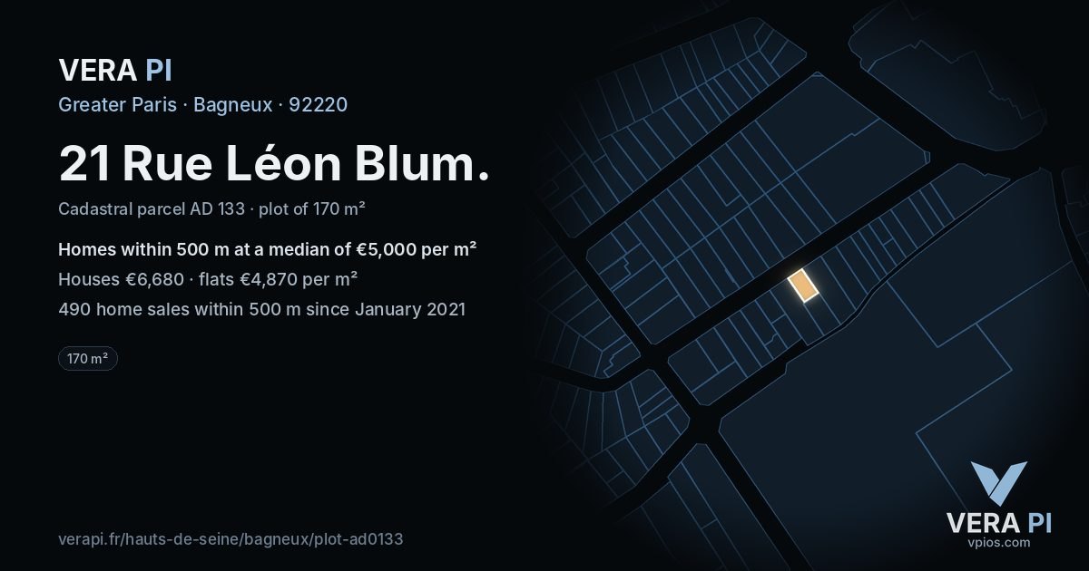21 Rue Léon Blum, Bagneux at night – the plot lit, the parcels around coloured by the prices near them