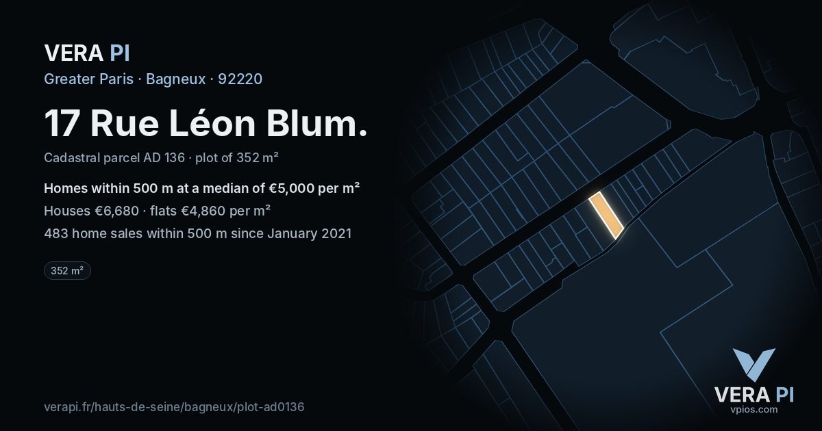 17 Rue Léon Blum, Bagneux at night – the plot lit, the parcels around coloured by the prices near them