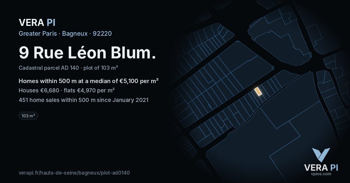 9 Rue Léon Blum, Bagneux at night – the plot lit, the parcels around coloured by the prices near them