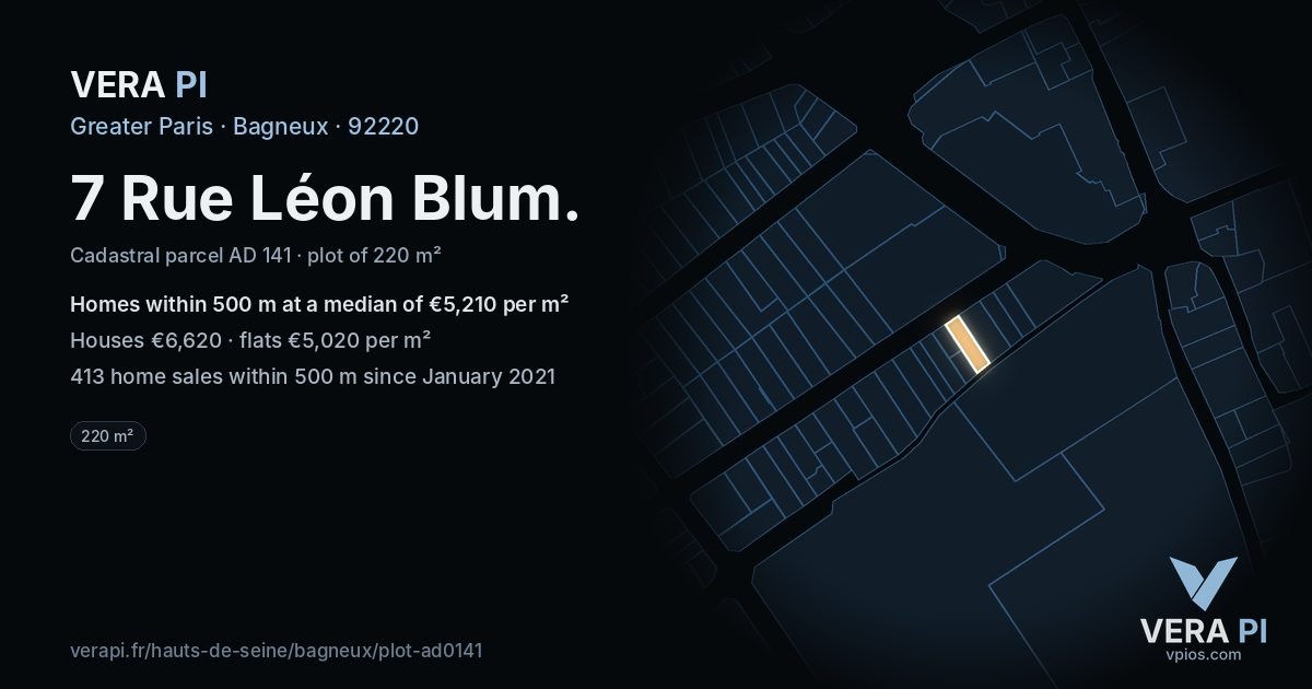 7 Rue Léon Blum, Bagneux at night – the plot lit, the parcels around coloured by the prices near them