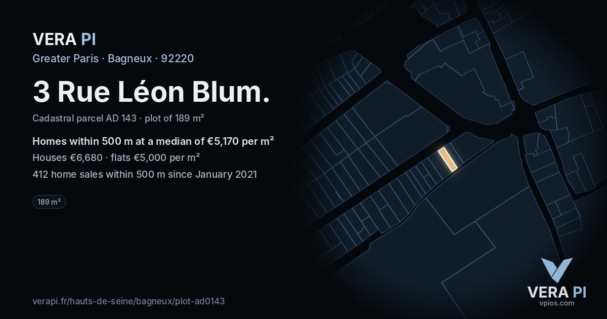 3 Rue Léon Blum, Bagneux at night – the plot lit, the parcels around coloured by the prices near them