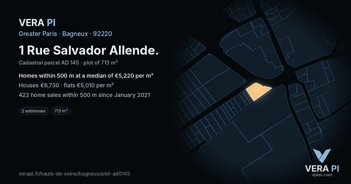 1 Rue Salvador Allende, Bagneux at night – the plot lit, the parcels around coloured by the prices near them