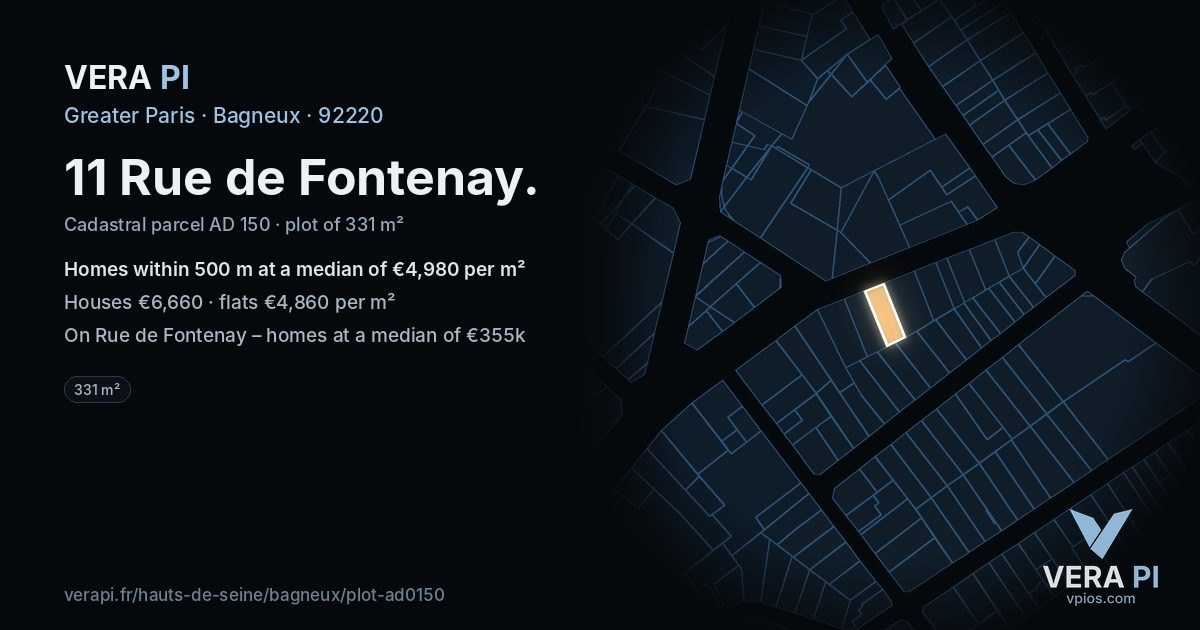 11 Rue de Fontenay, Bagneux at night – the plot lit, the parcels around coloured by the prices near them