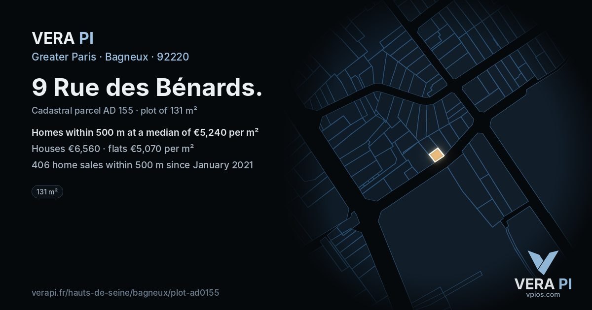 9 Rue des Bénards, Bagneux at night – the plot lit, the parcels around coloured by the prices near them