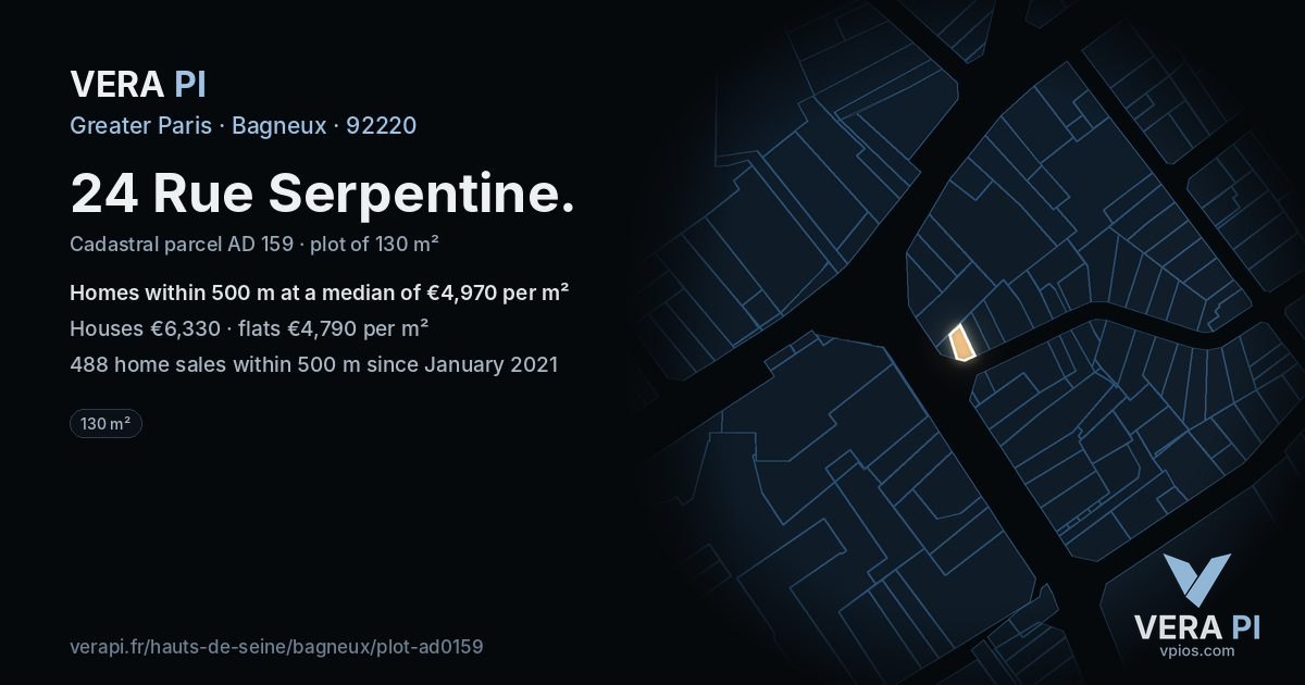 24 Rue Serpentine, Bagneux at night – the plot lit, the parcels around coloured by the prices near them