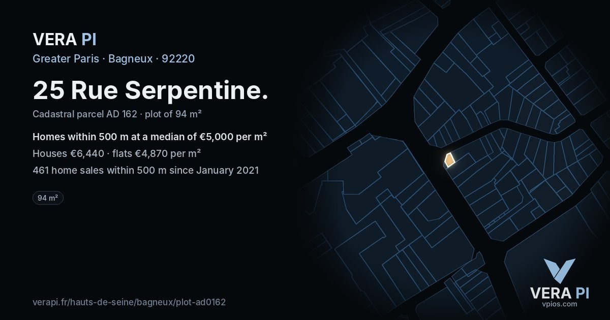 25 Rue Serpentine, Bagneux at night – the plot lit, the parcels around coloured by the prices near them