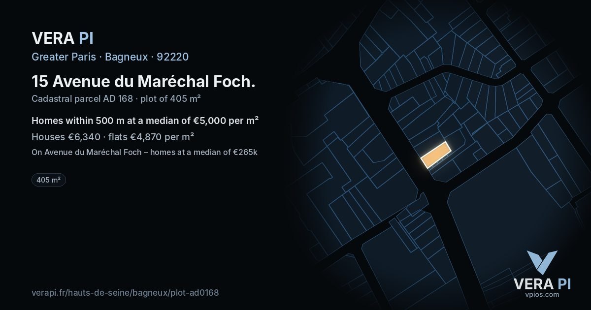 15 Avenue du Maréchal Foch, Bagneux at night – the plot lit, the parcels around coloured by the prices near them