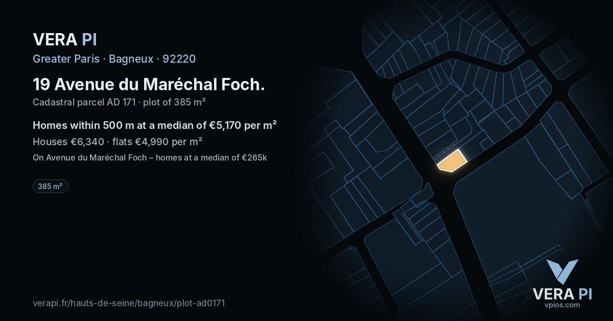 19 Avenue du Maréchal Foch, Bagneux at night – the plot lit, the parcels around coloured by the prices near them