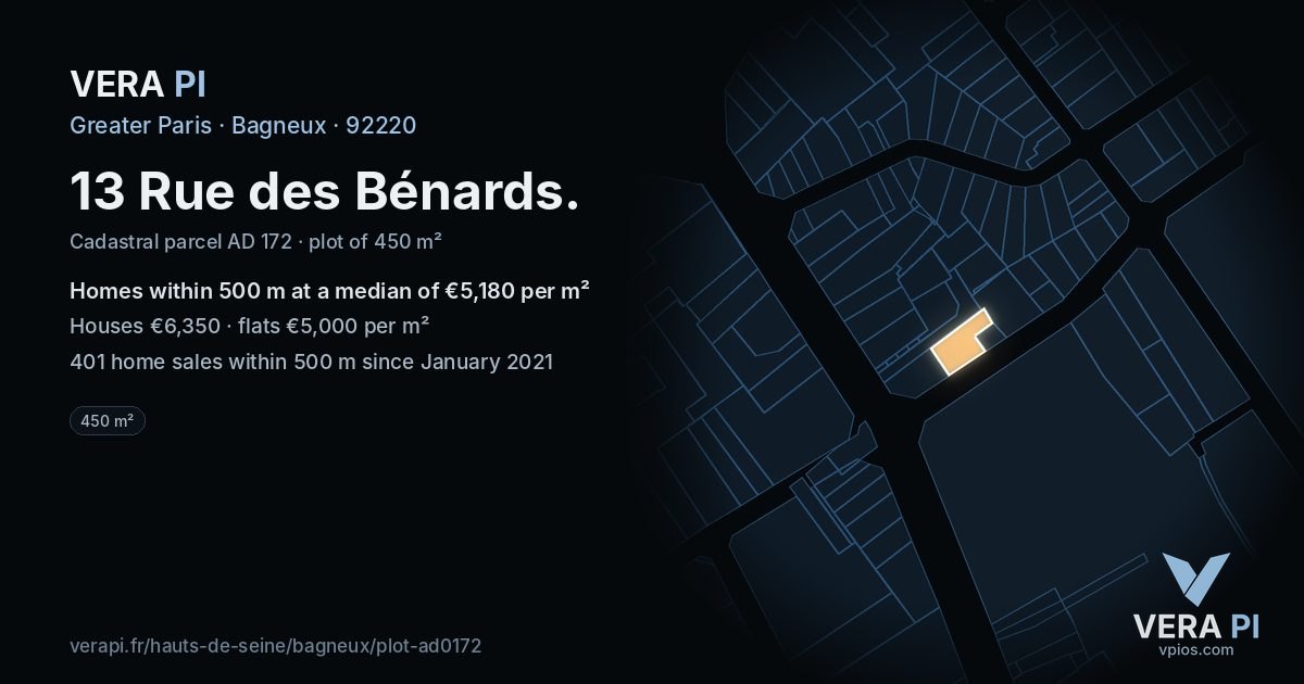 13 Rue des Bénards, Bagneux at night – the plot lit, the parcels around coloured by the prices near them
